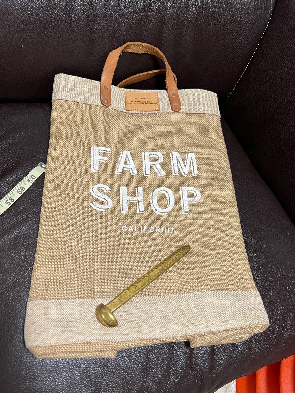 Farm Shop California Jute Tote Bag with Leather Handles - Tan